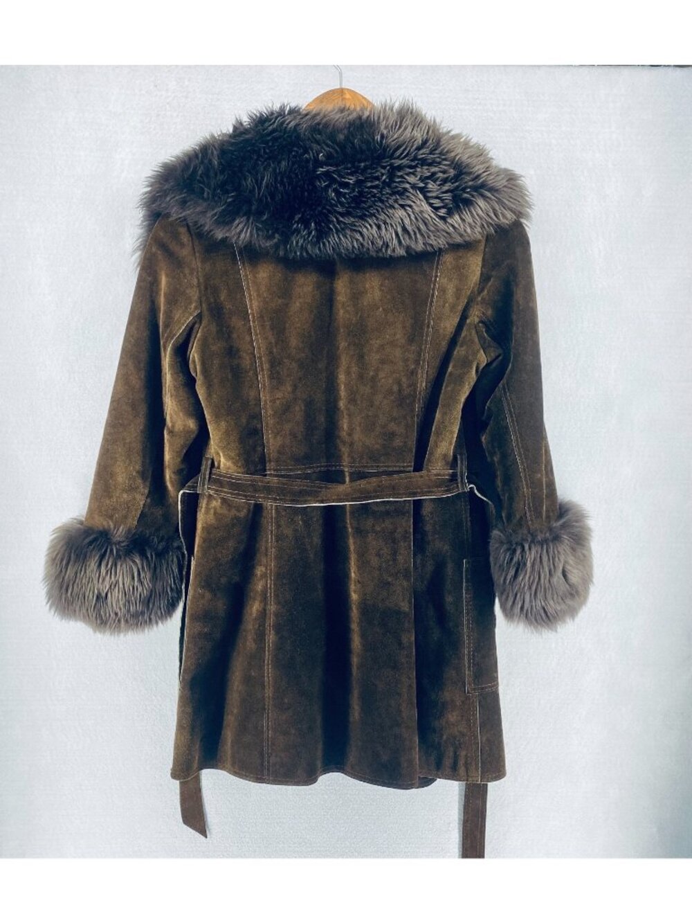 Vintage y2k Jacket Womens S Brown Suede Faux Fur Trim Belted Spain - Picture 10 of 16